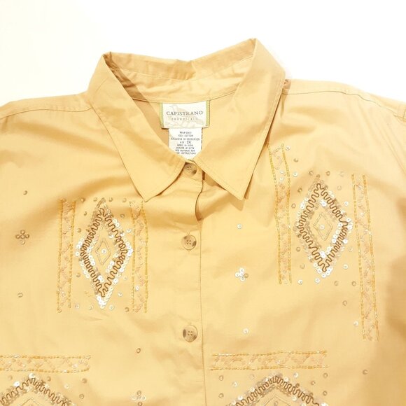 Capistrano Essentials Shirt Blouse Women 3X Tan Cotton Embellished Sequins NWT - Picture 2 of 6